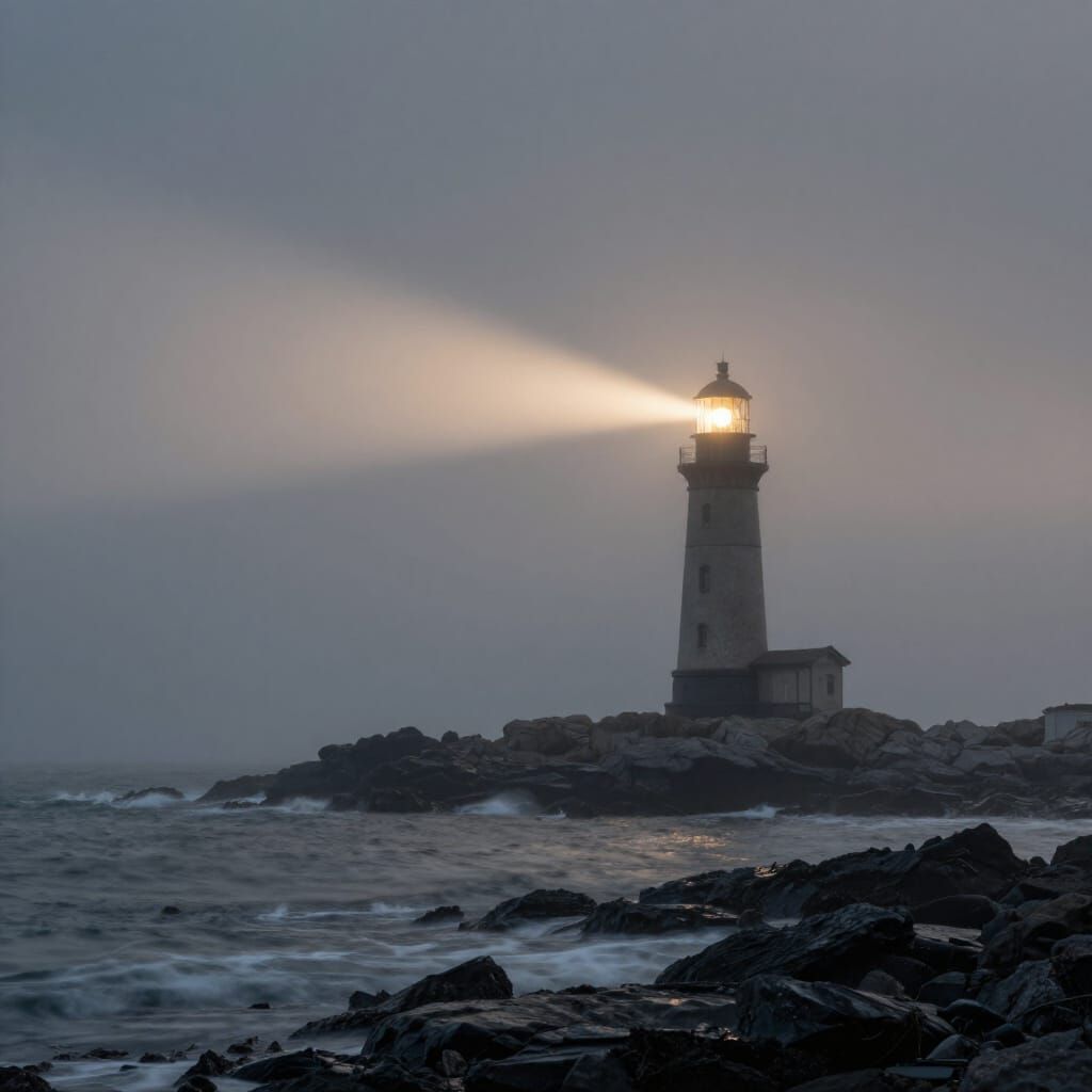 Ancient Lighthouse Beam Pierces Ethereal Fog