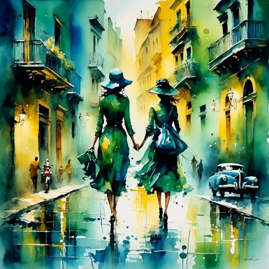 Havana Night Scene: Two Women in Watercolor Style