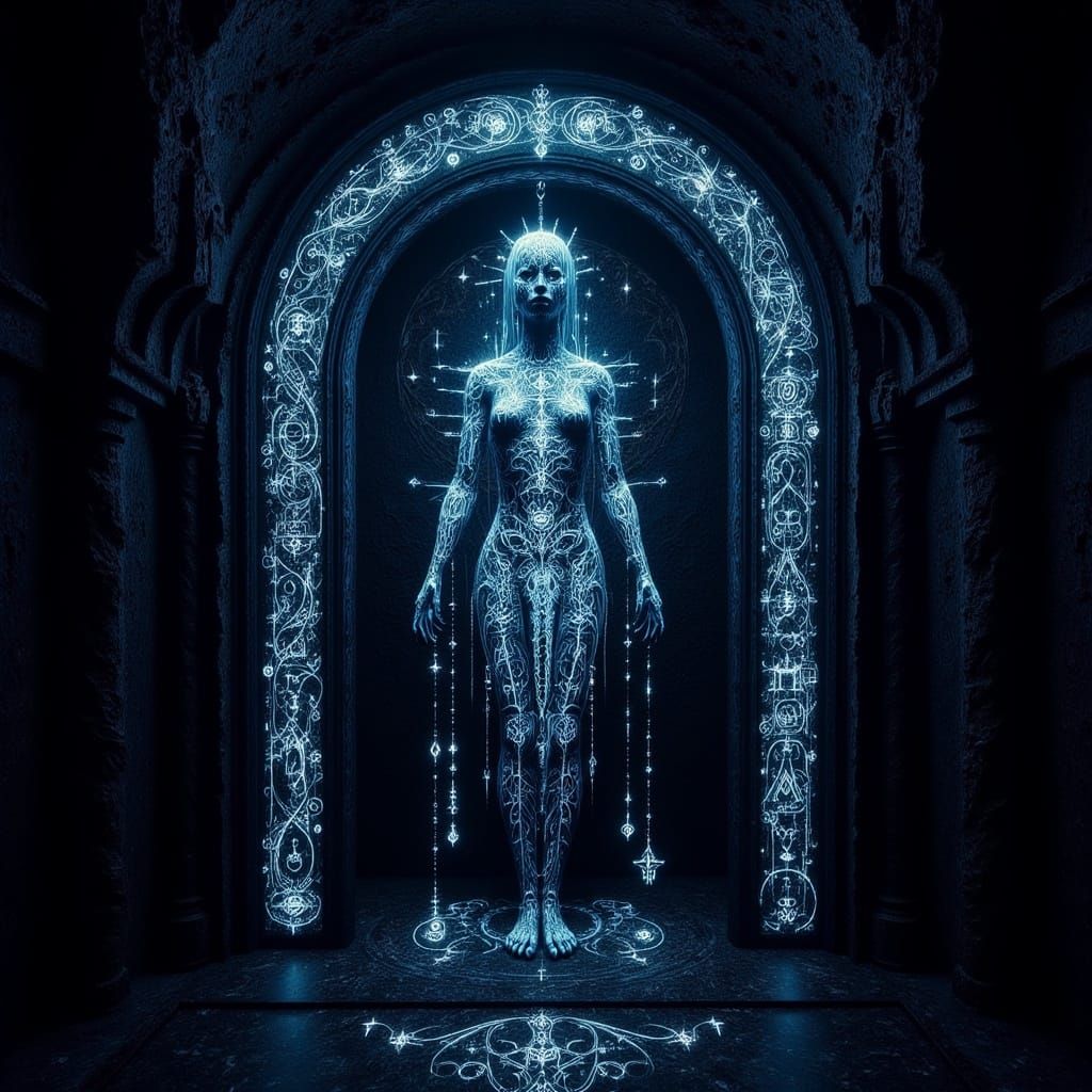 <lora:Glowing runes flux:1.0> Glowing runes dark, doorway