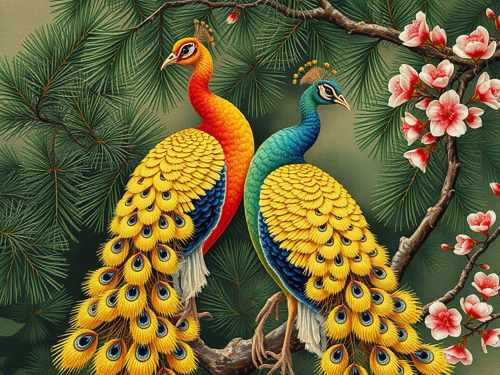 Exquisite Chinese Embroidery of Golden and Green Peacocks