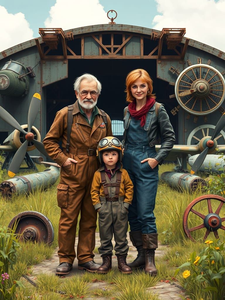 Family Portrait Amidst Aviation Relics in Nostalgic Futurism