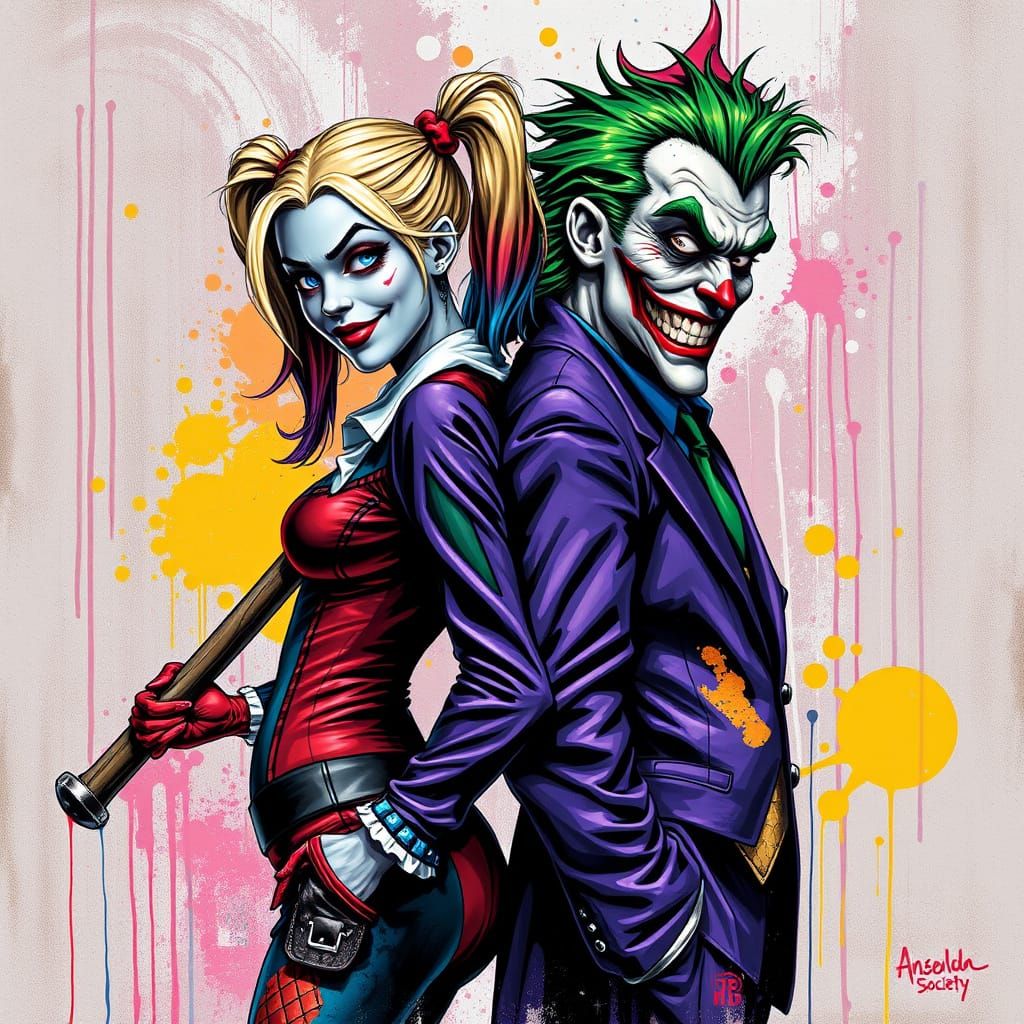 Harley Quinn and the Joker in Vibrant Graffiti Art