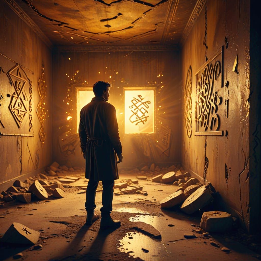 Surreal Abandoned Room with Glowing Runes