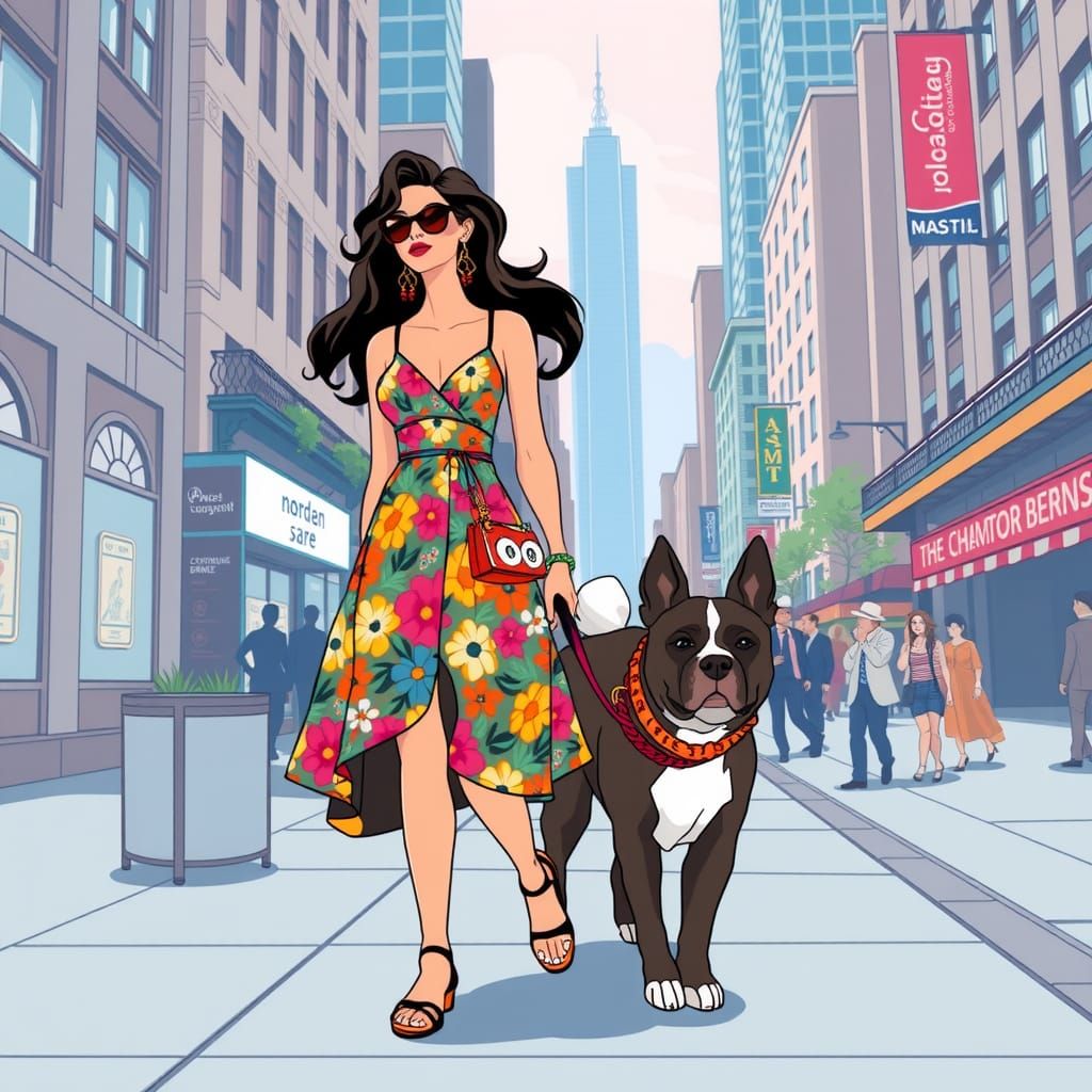 Chic Woman and Dog in Vibrant Cityscape