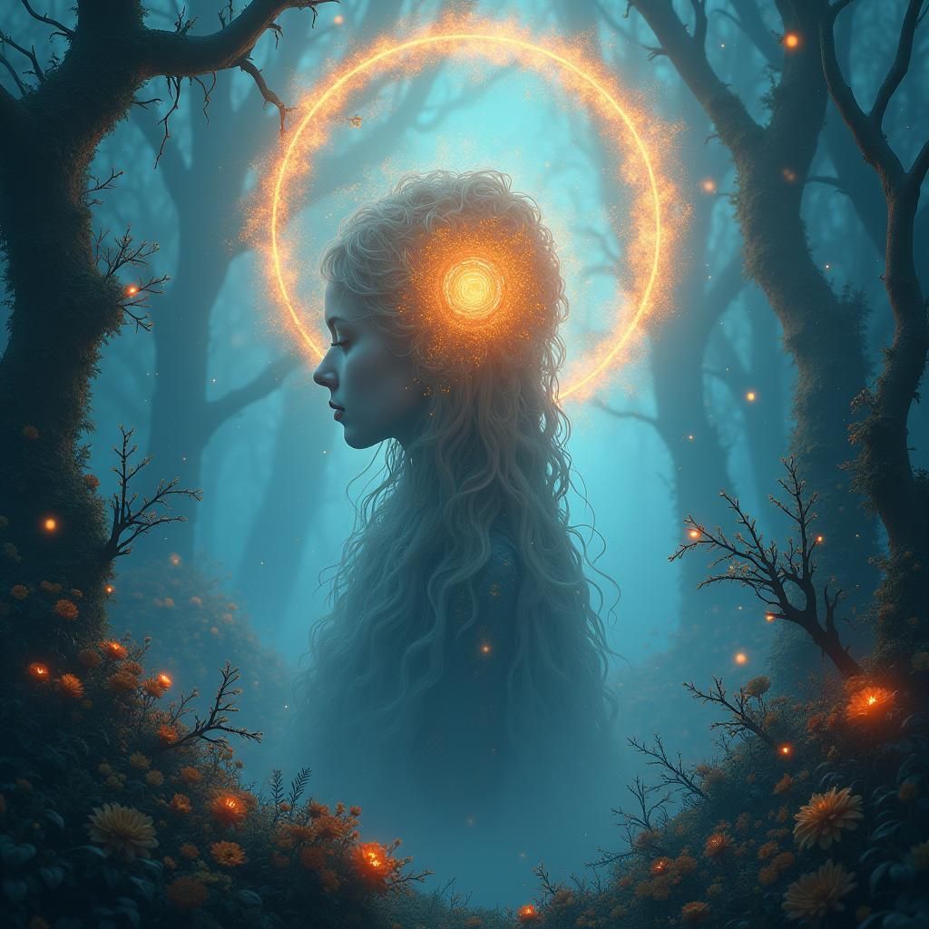 Contemplative Figure in Mystical Landscape, Digital Art