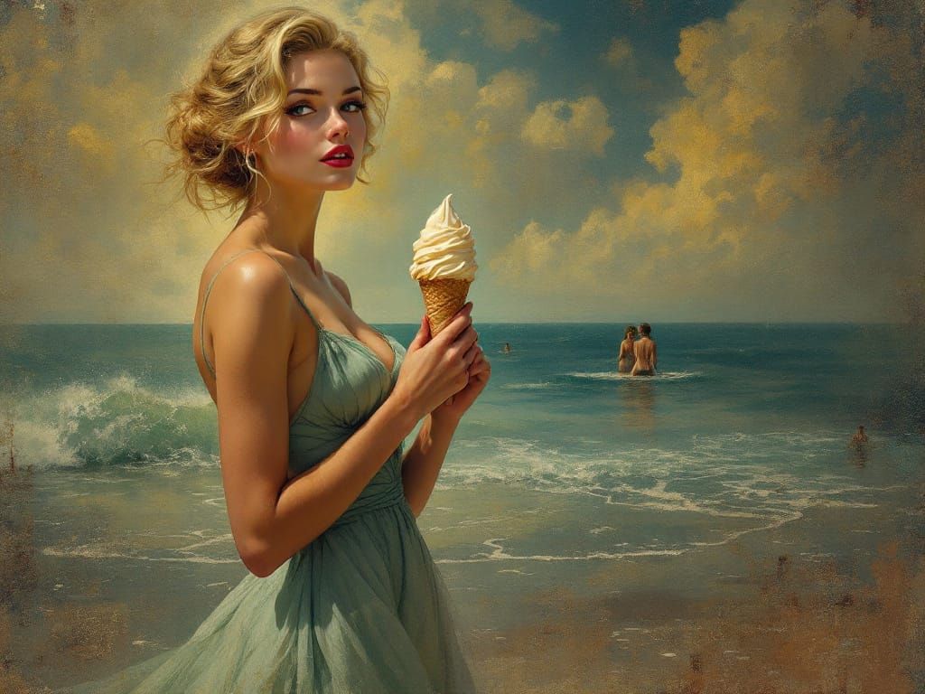 Pin-Up Beach Scene in Art Nouveau Tonalism Style