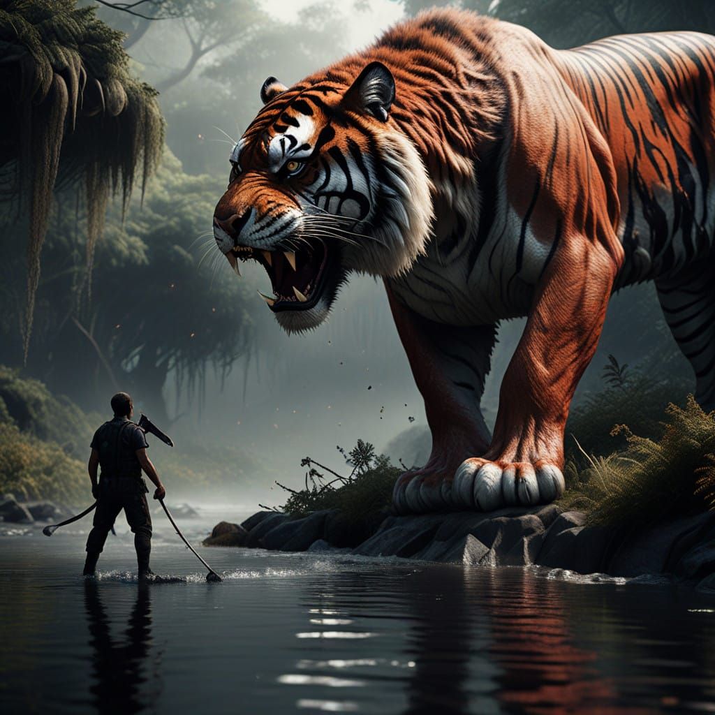 Blood-Soaked Man-Eating Tiger in Digital Painting Style