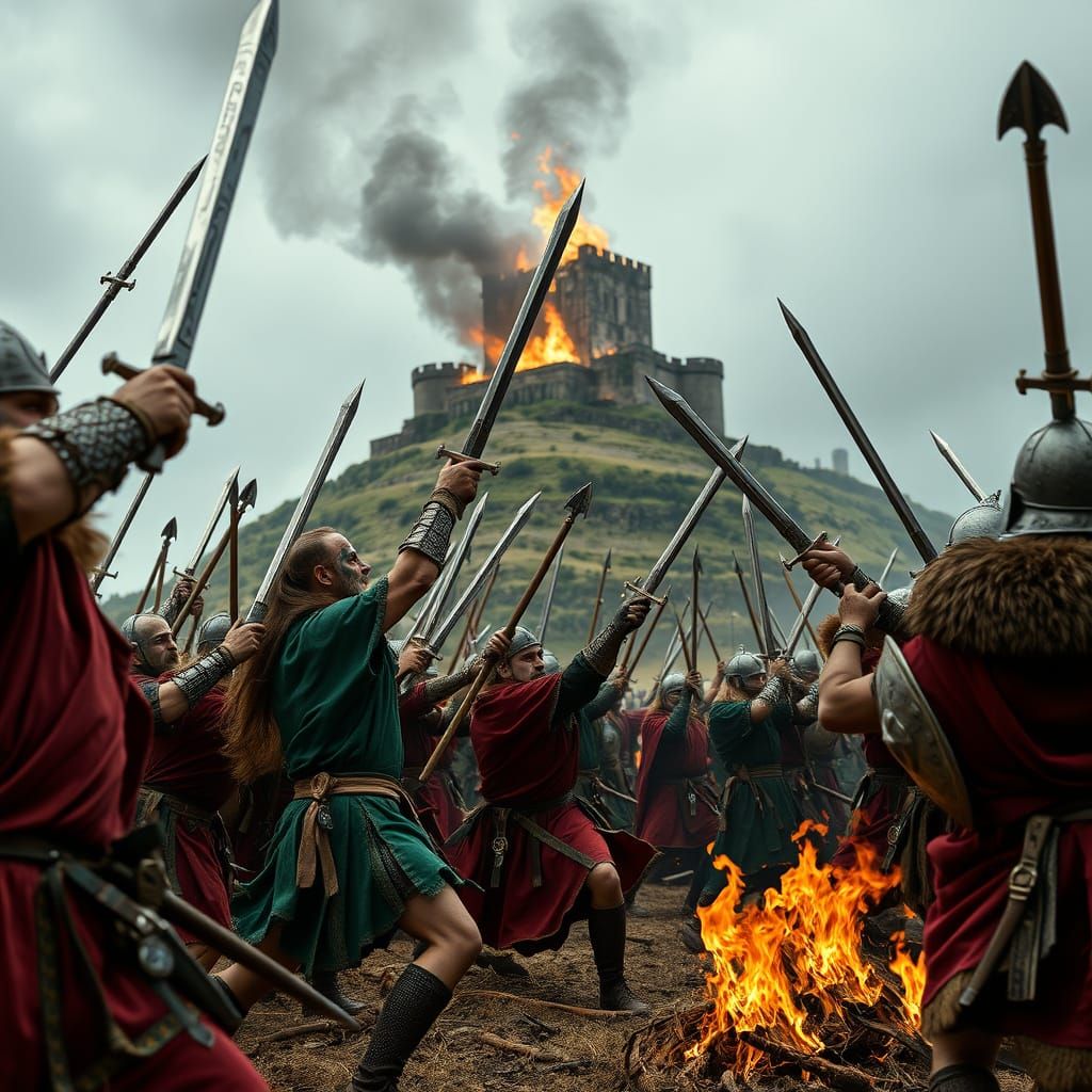 Celtic Warriors Clash in Fiery Hilltop Battle