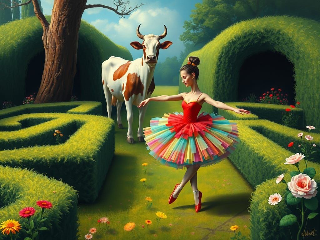 Surrealist Ballerina Meets Tranquil Cow in a Vibrant Garden ...