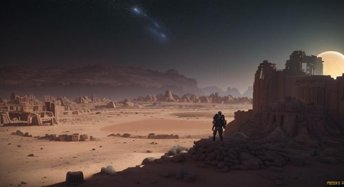 Desert Planet Ruins at Night in Cinematic 3D