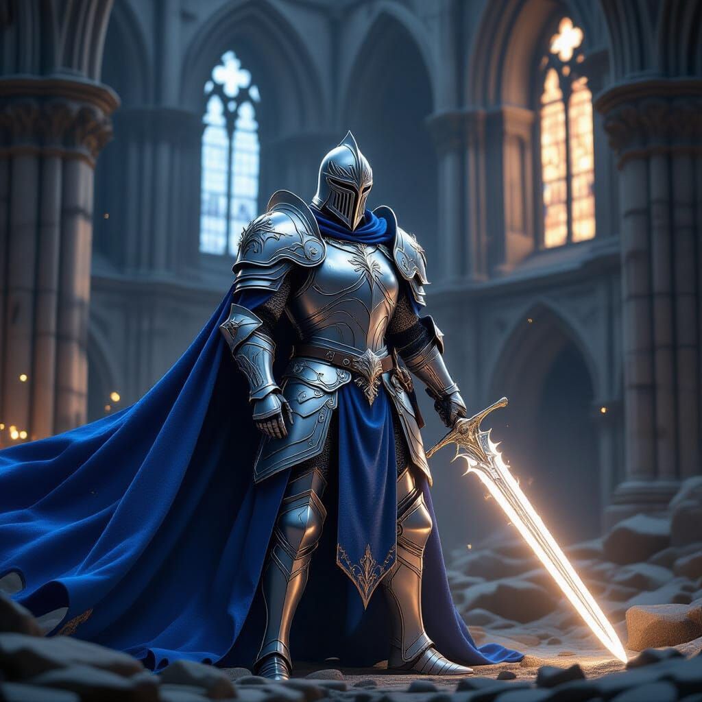 Noble Knight in Silver Armor with Glowing Sword in Ruins