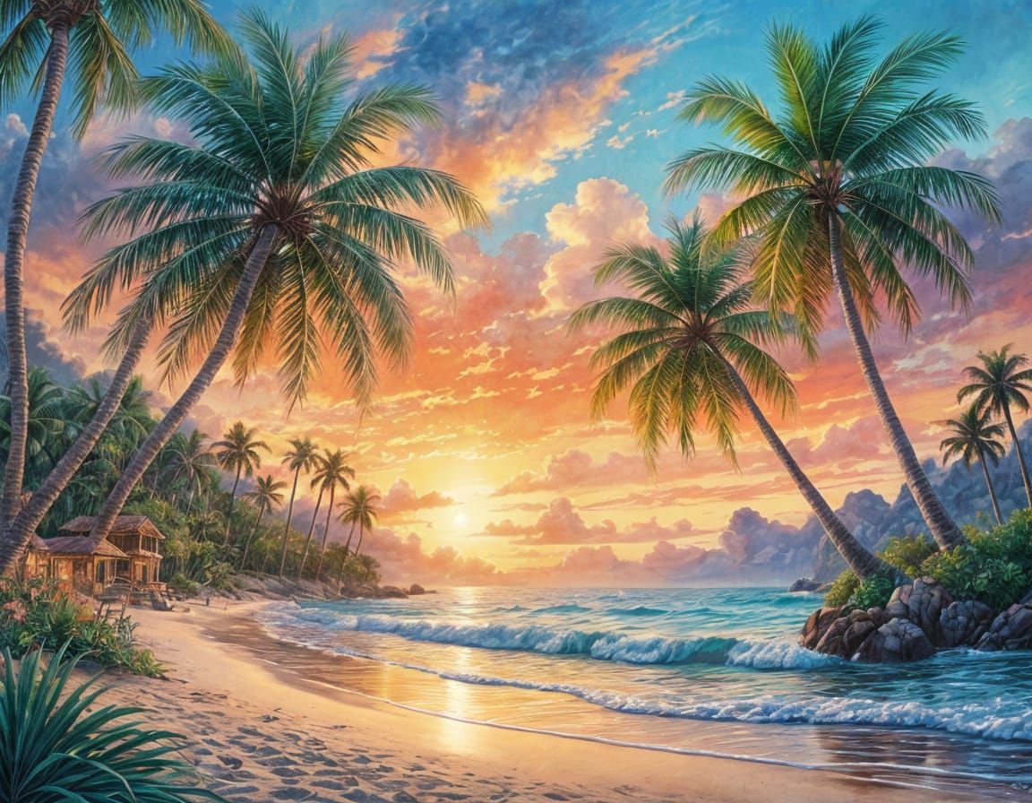 Dreamy Tropical Beach Scene in Watercolor Style