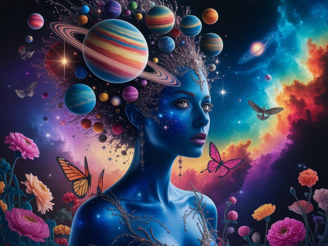 Galactic Goddess in Vibrant Cosmic Headdress