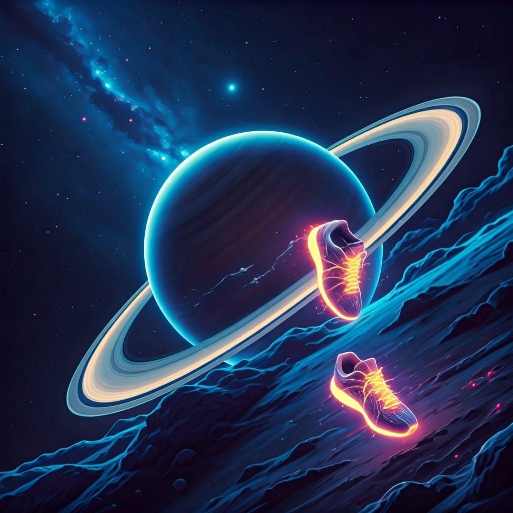 Saturn with Orbiting Tennis Shoes: Cosmic Matte Painting