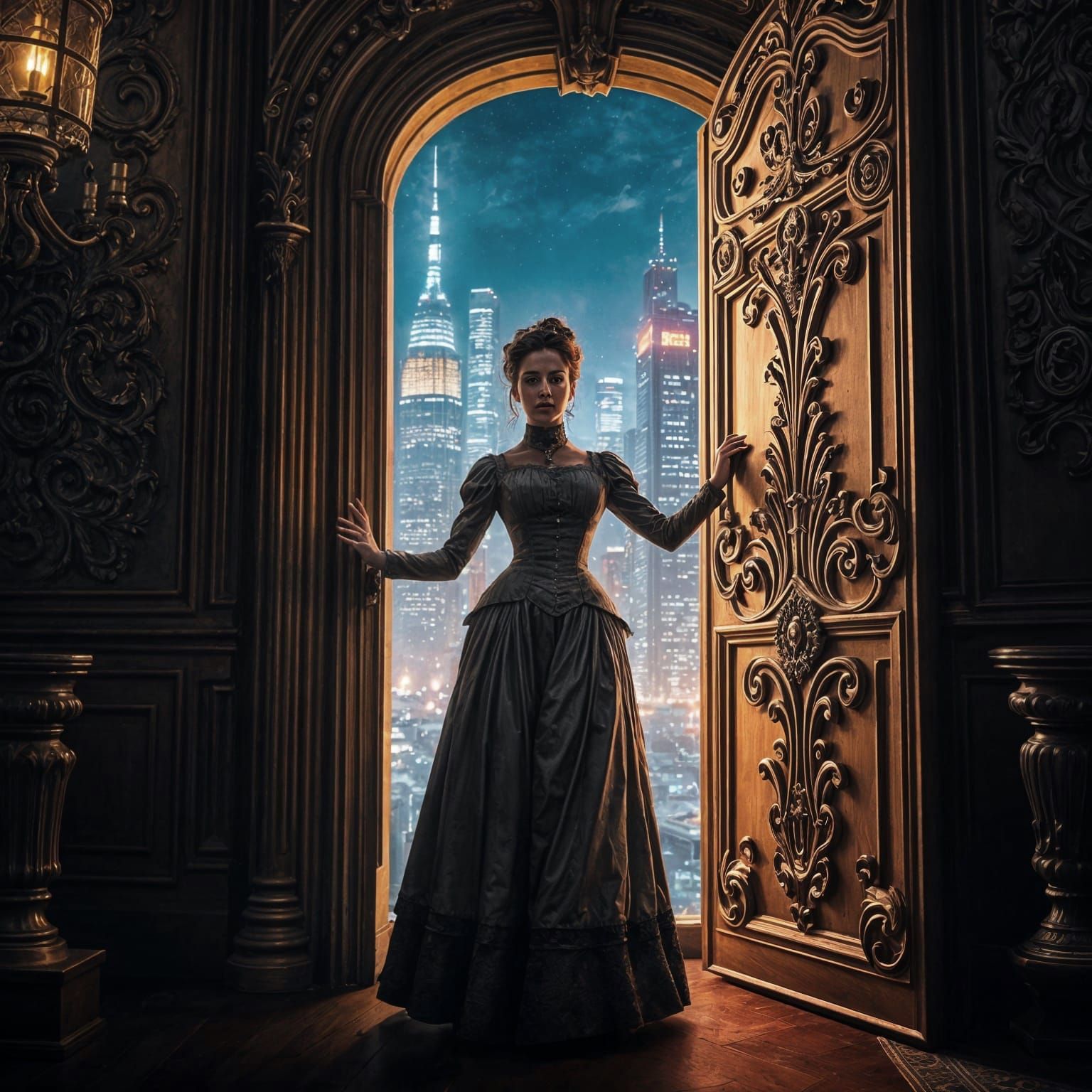 Victorian Woman Enters Future Cityscape