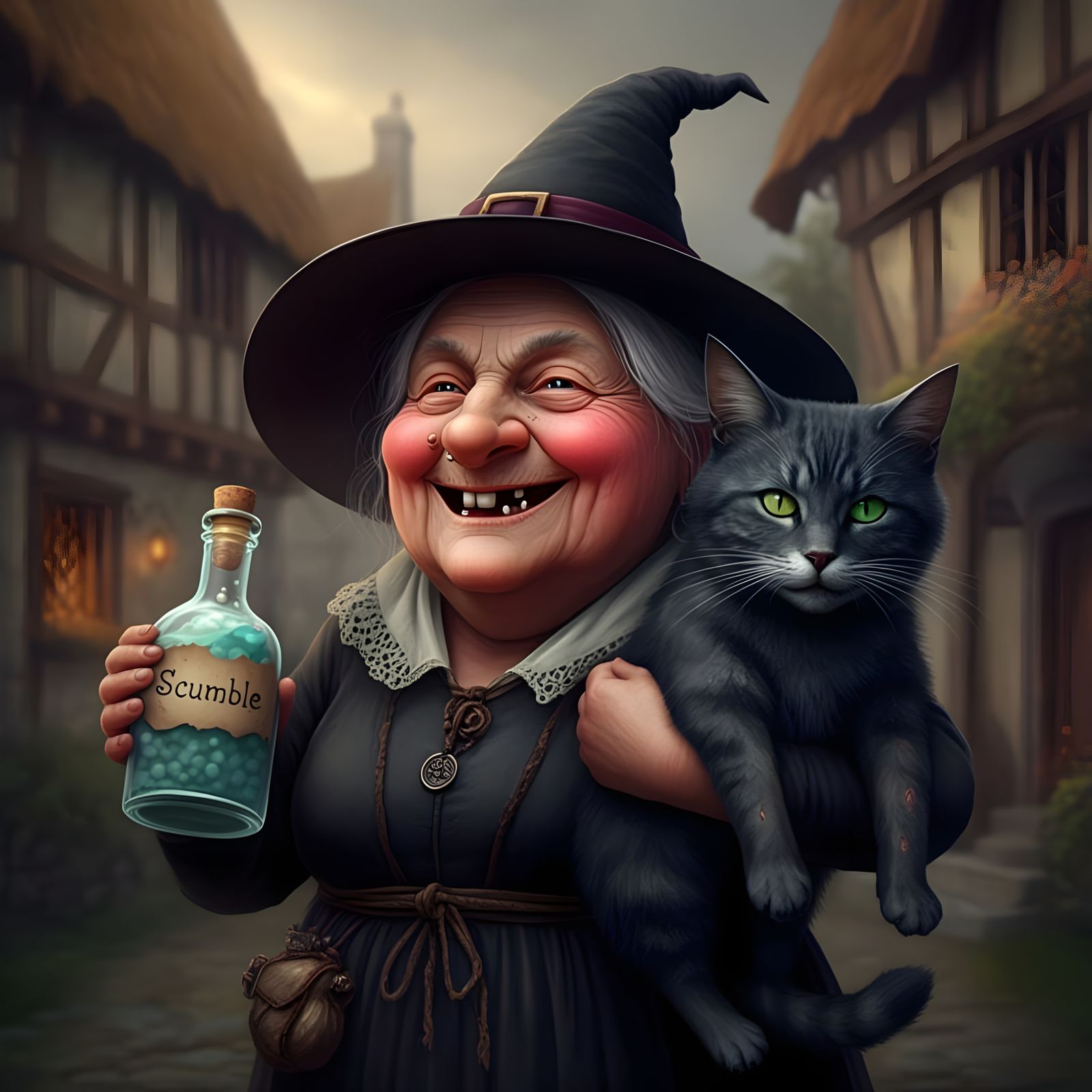 Funny Fantasy Witch with Tomcat and Scumble