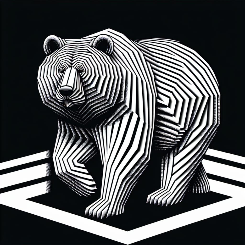 Intricate Optical Illusion Bear in High Contrast Black and W...