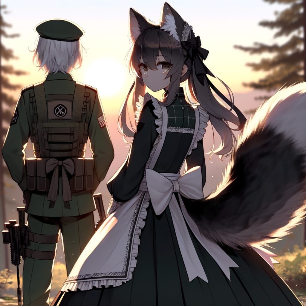 Wolf Girl in Military Maid Uniform Standing Guard