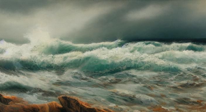 Crashing Wave on Rocks in Russian Realism Style