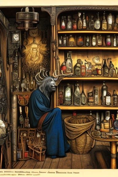 Wizard in Curiosity Shop: Steampunk Illustration