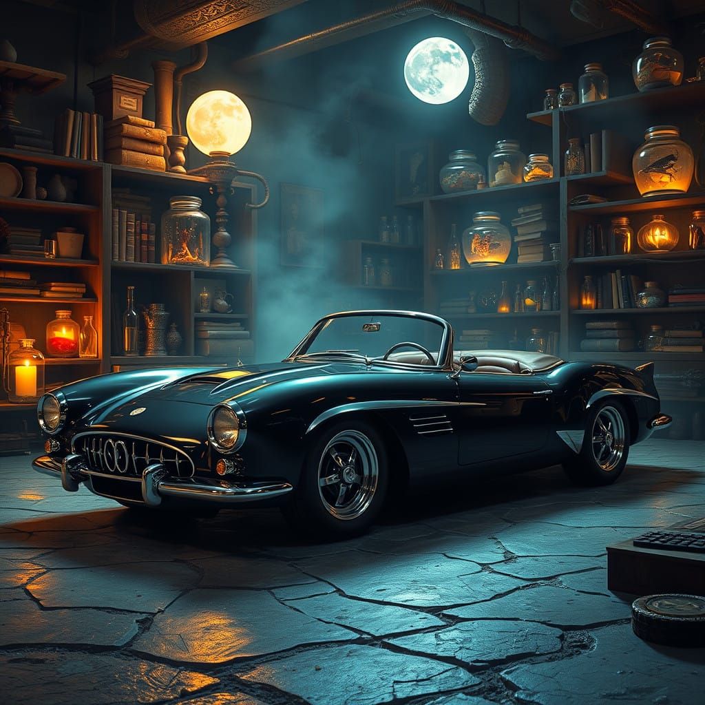Cyberpunk Sports Car in Alchemical Laboratory