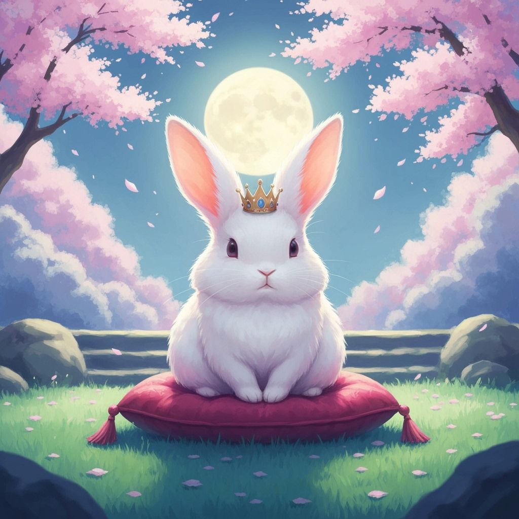 Fluffy White Rabbit with Crown in Moonlit Garden