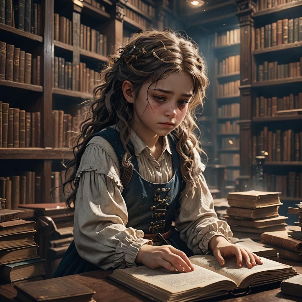 Blind Girl Reads Braille in Library: Dark Fantasy Art