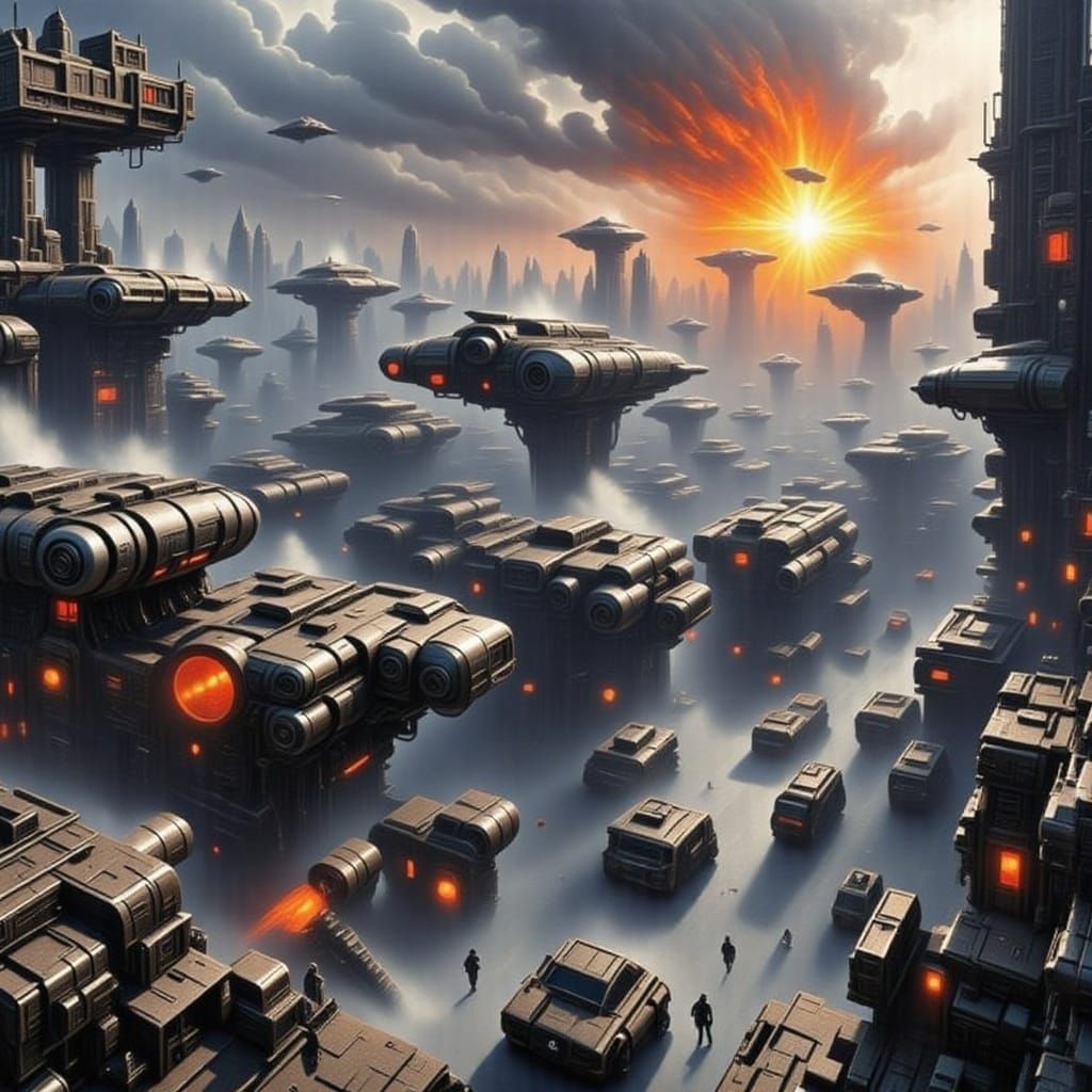 Spaceships Engage in Intense Combat Amidst Explosive Chaos