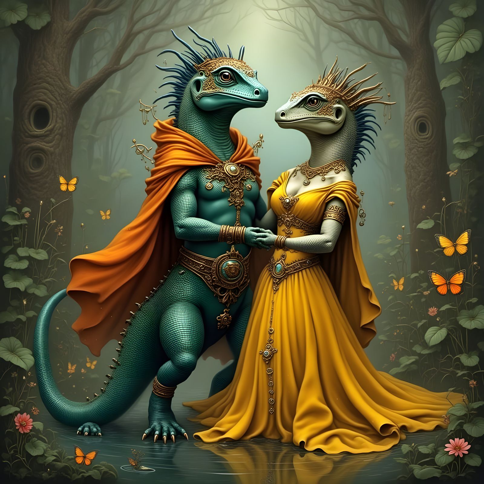 Ethereal Lizard King in Cyberpunk Dance with Lizard Queen