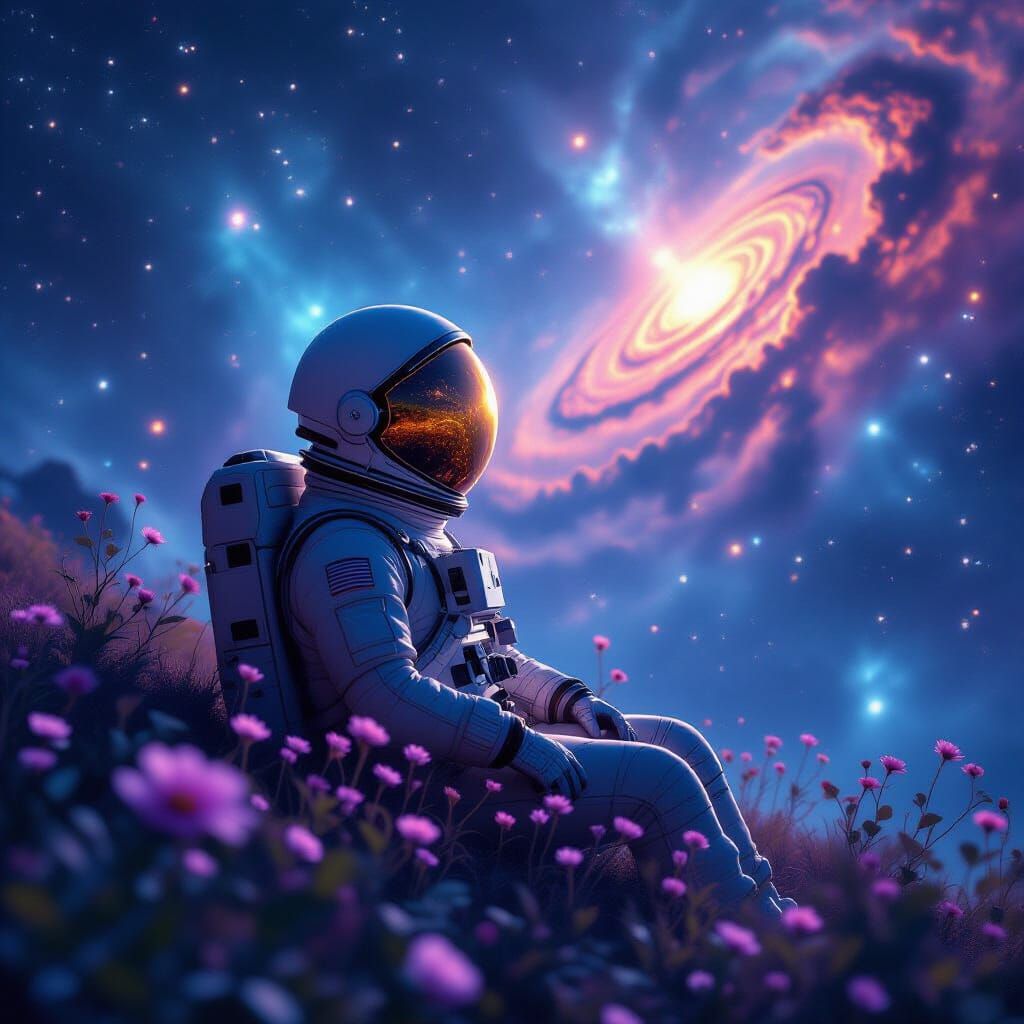Astronaut Adrift in Nebula, Helmet Reflecting Galaxies