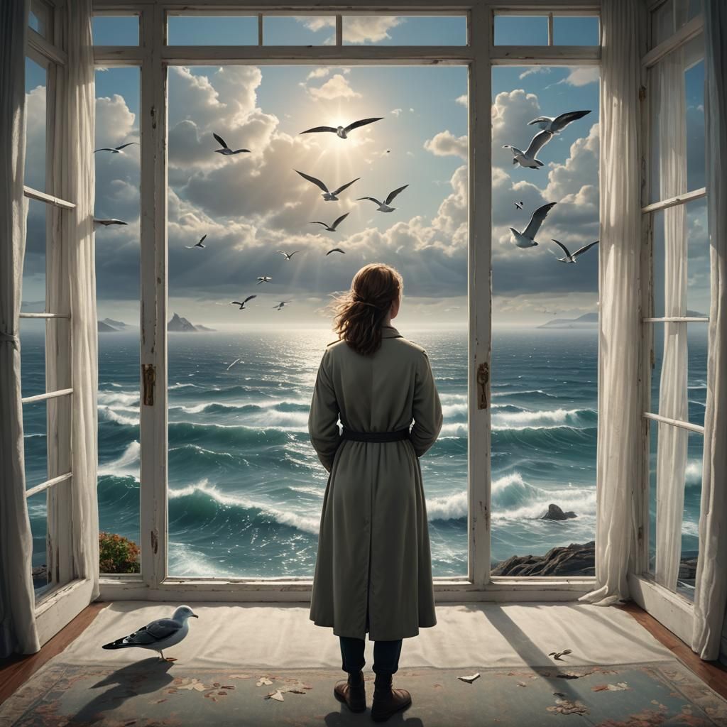 Woman Overlooking Calm Ocean with Seagulls