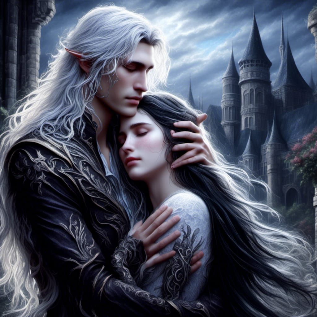 <lora:Glowing Aura:1.0> <lora:Dichotomy Beta:1.0> A dark fantasy romance scene, a handsome cleanshaven pale young elven ...