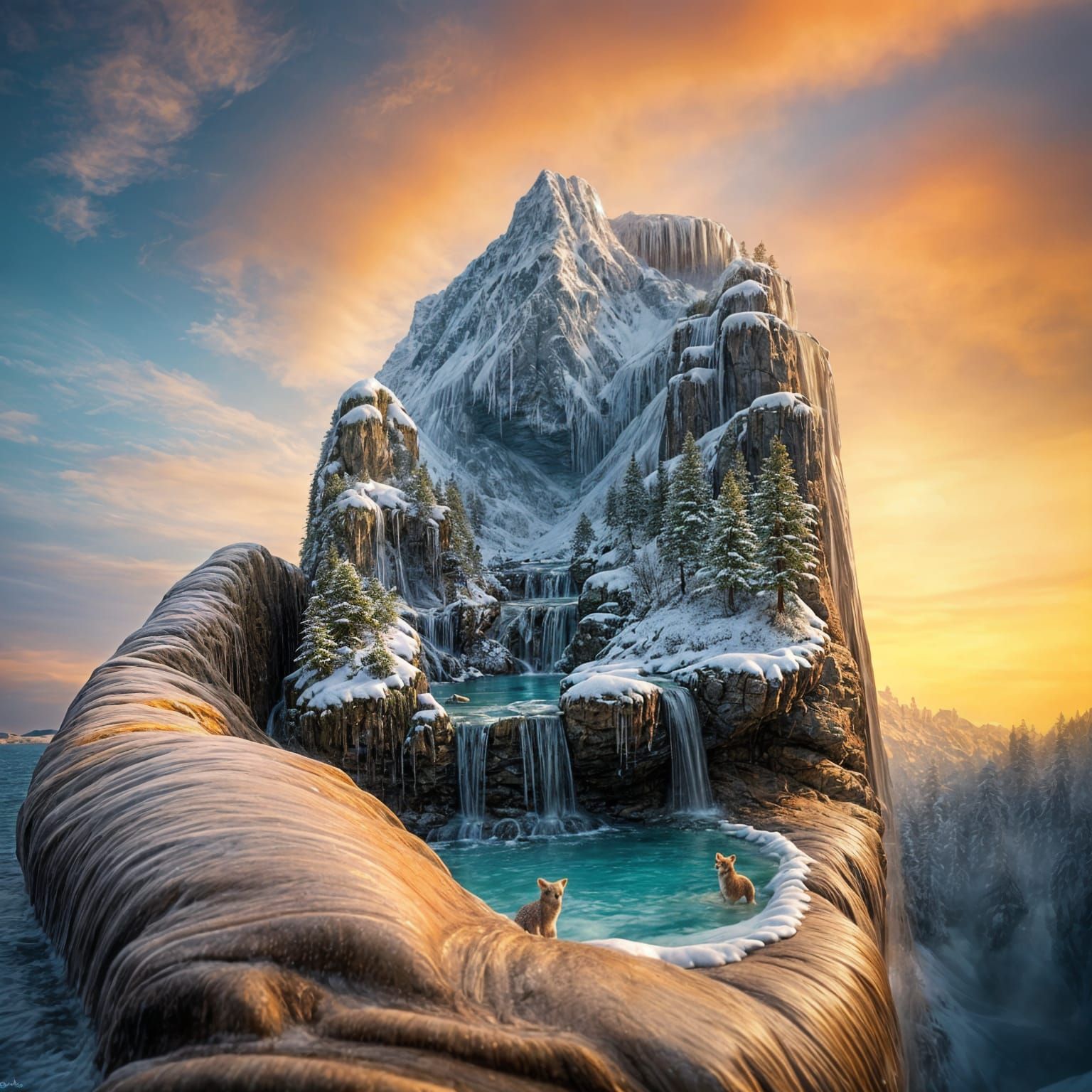 Surreal Winter Whimsy: Fairy-Tale Creatures Skate on Frozen...