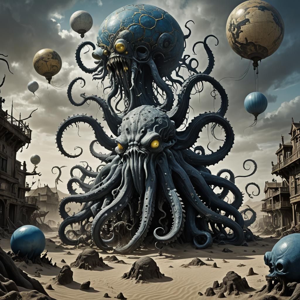 Surreal Globe-Headed Kraken in Desert, Hyperrealistic Style