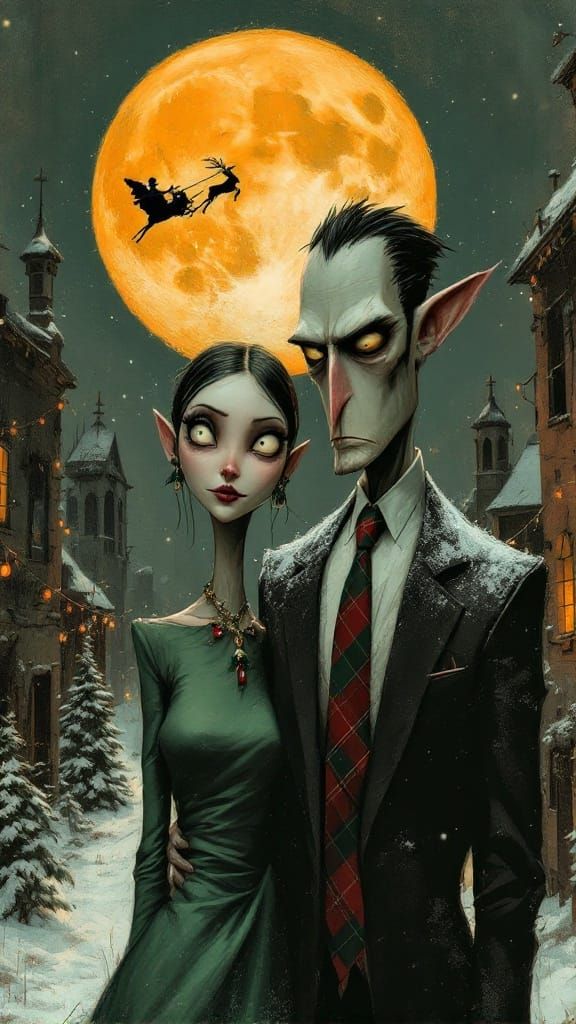 Stern Christmas Couple Under a Haunting Orange Moon