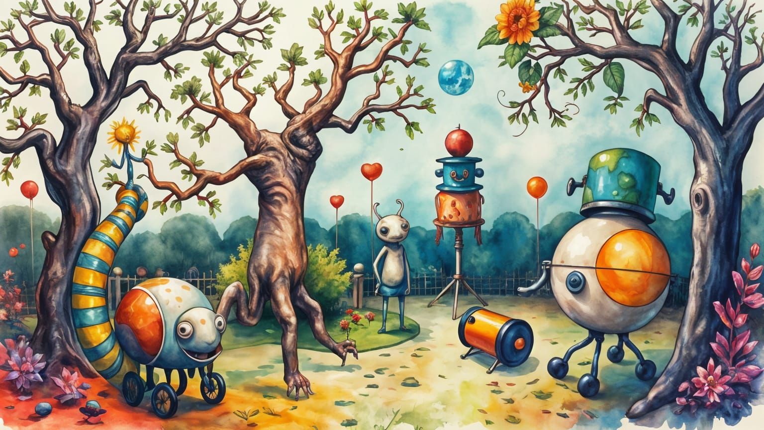 Surreal Garden Scene in Watercolor Style