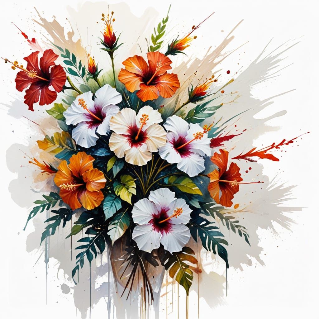 Vibrant Hibiscus Bouquet Impasto Oil Painting