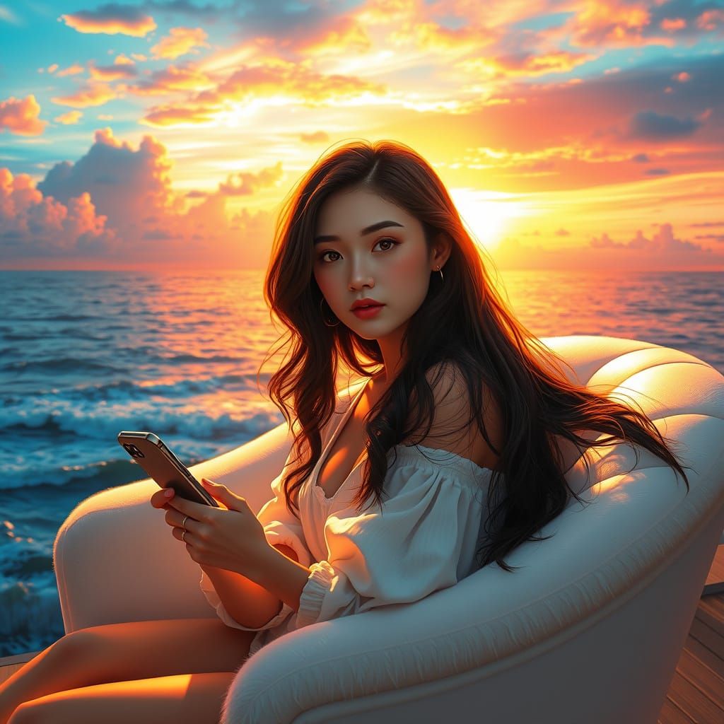 Young Woman Contemplates Sunset on Cloudy Ocean in Hyperreal...
