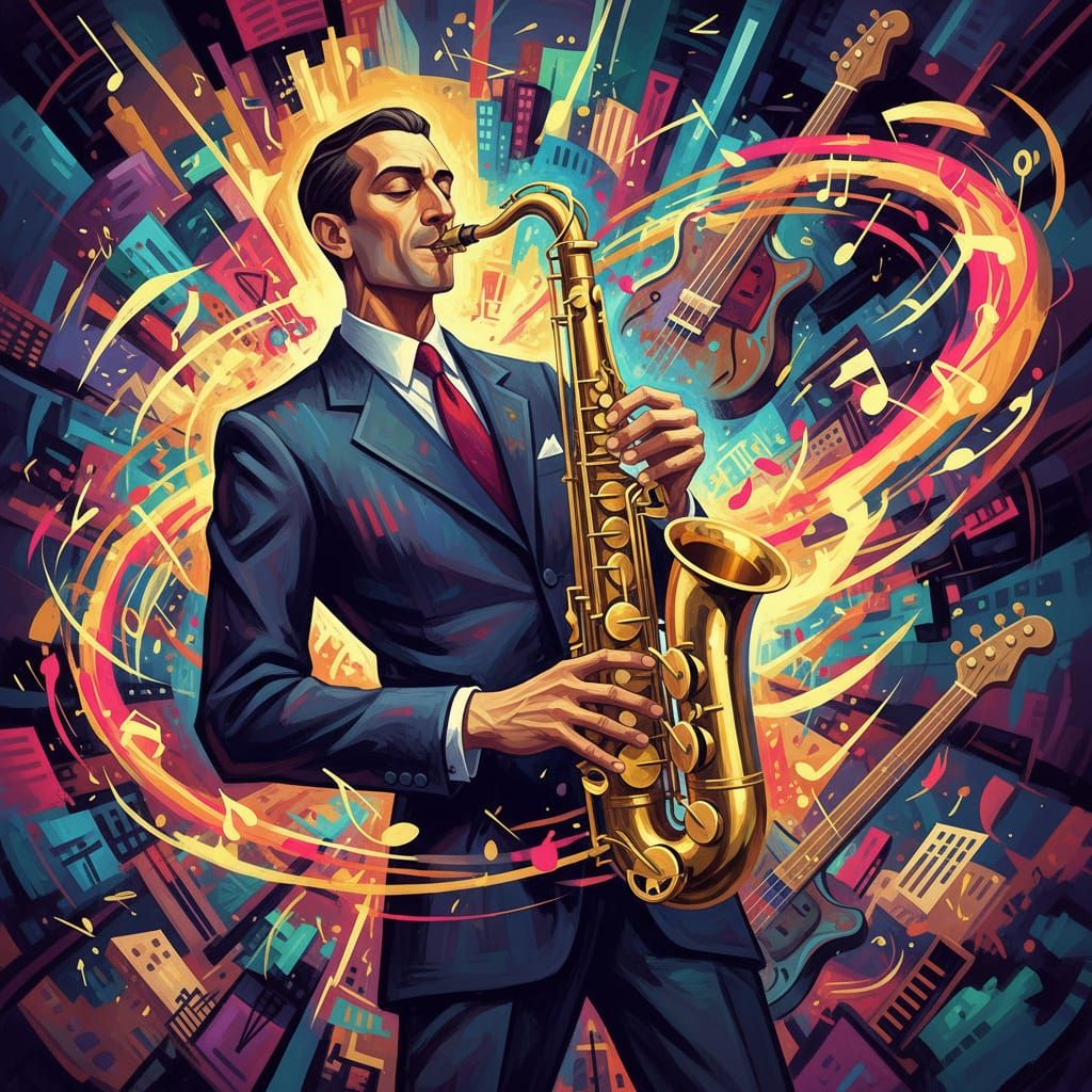 Saxophone Player in Bold Art Deco Style