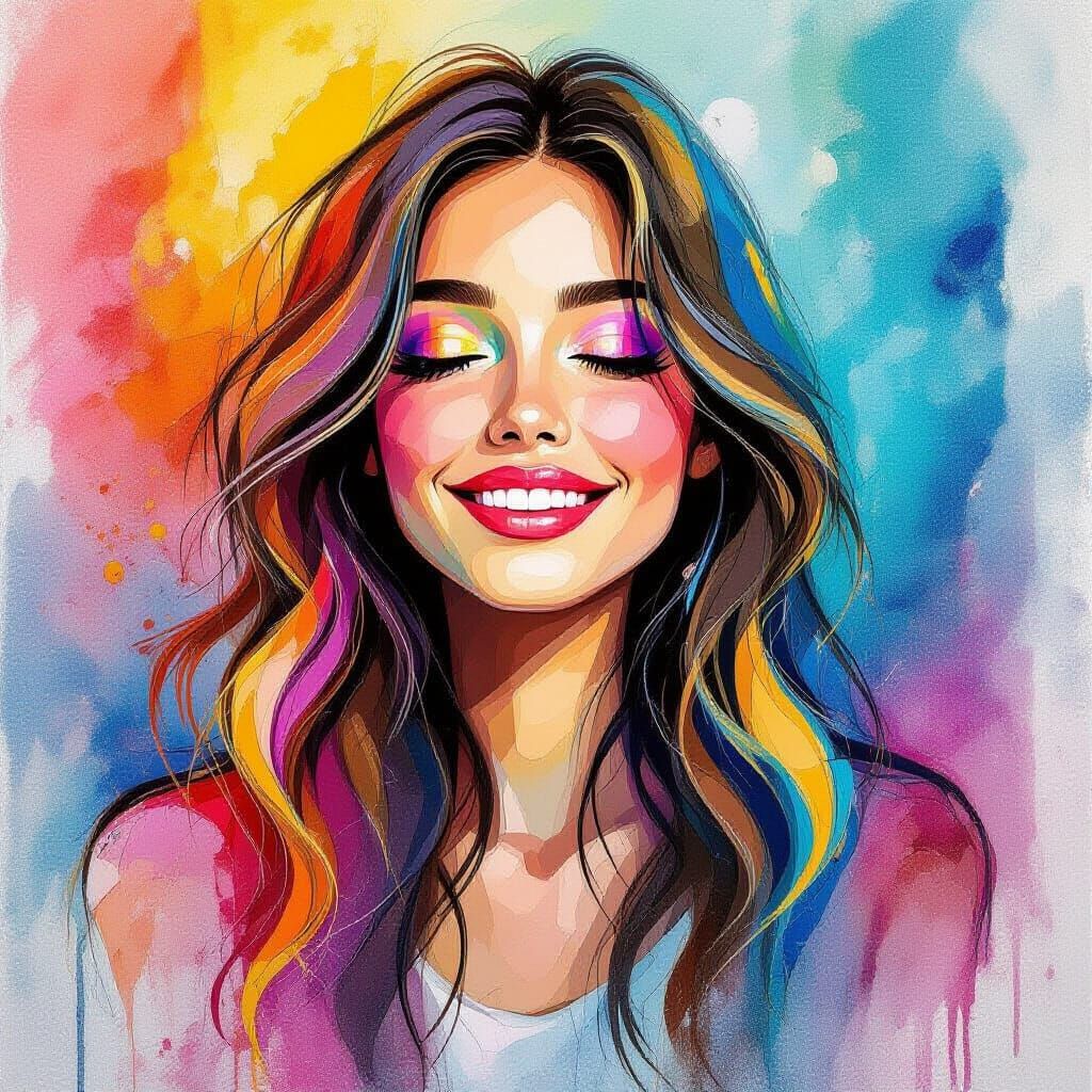Colorful Hippie Girl in Watercolor Impasto Style