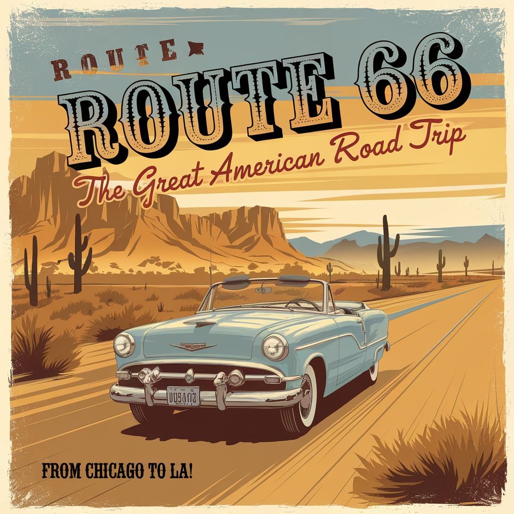 Route 66 Road Trip: Retro Travel Poster