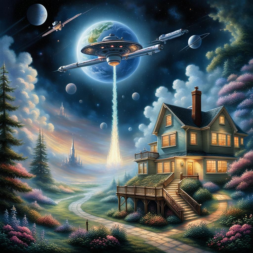 Space ship hovering over a house