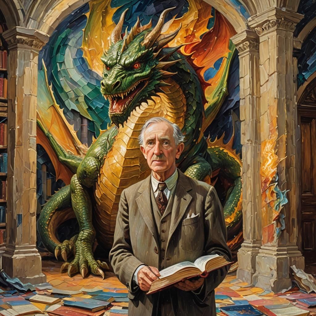 Tolkien and Dragon in Expressionist Oil Painting