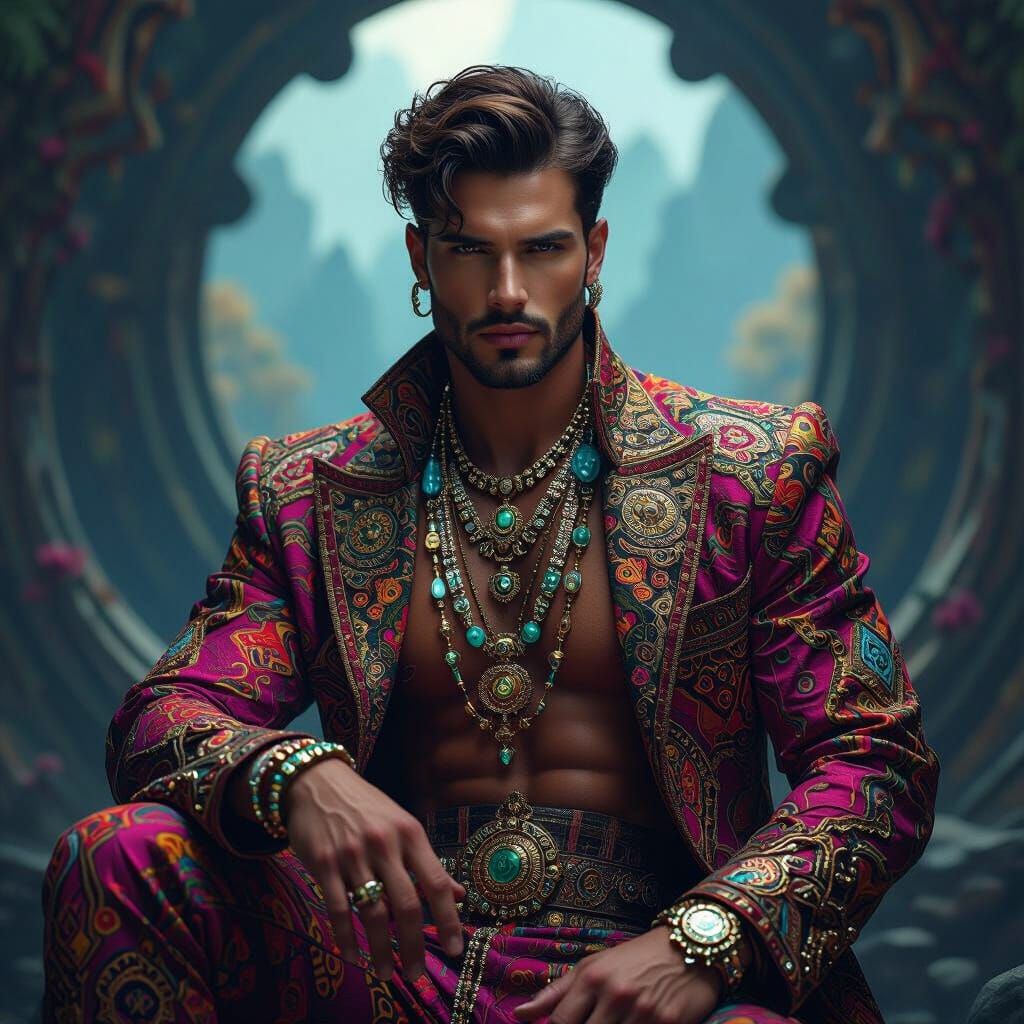 Handsome Man in Futuristic Attire, Ethereal Landscape