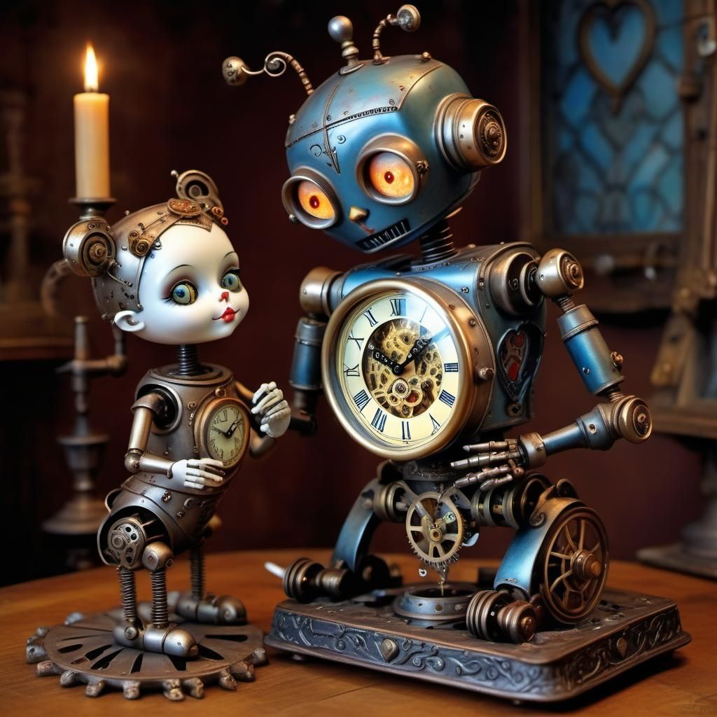 Steampunk Robot Repairs Heart Clock