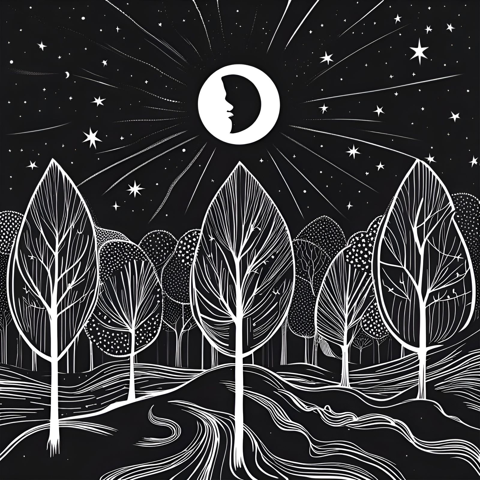 Monochrome Starry Night Line Drawing in Vector Style