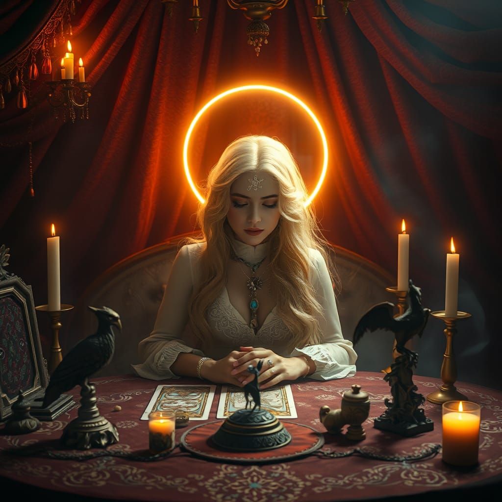 Mystical Gypsy Woman with Tarot Cards in Dreamlike Setting