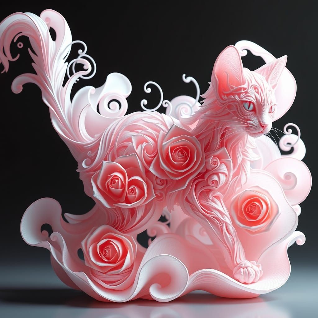Ethereal Rose Petal Cat Sculptures in Surreal Style