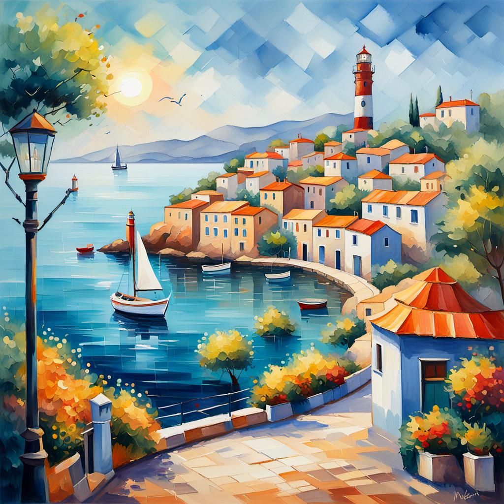 Coastal Town: a Vibrant Watercolour Painting