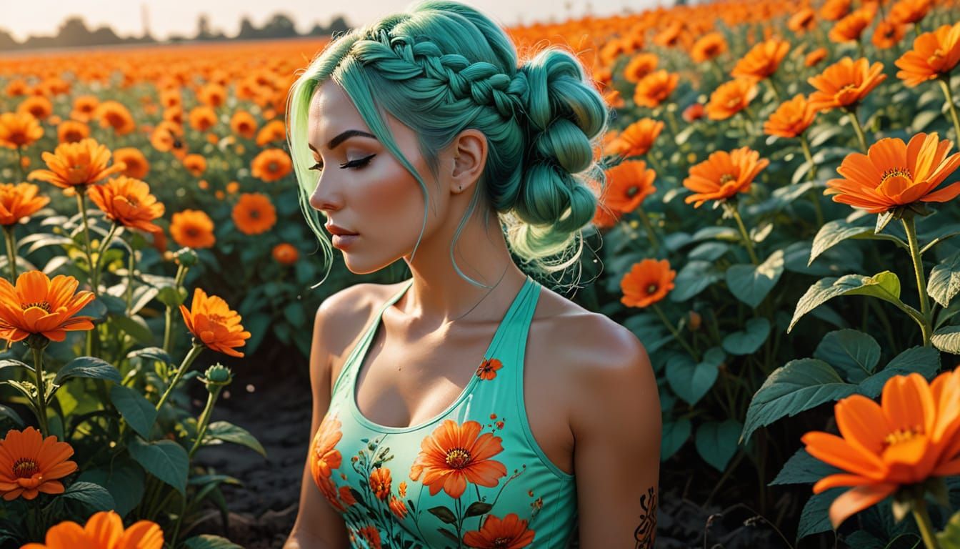 Yoga Model in Flower Field, Graffiti Art Style